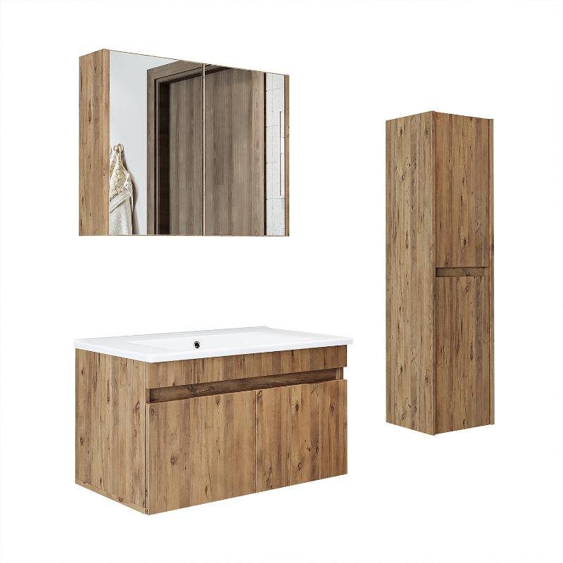 Mobile bagno sospeso lavabo specchio contenitore colonna 85 cm rovere Nerea