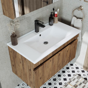 Mobile bagno sospeso lavabo specchio contenitore colonna 85 cm rovere Nerea