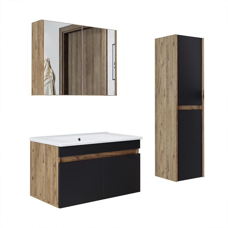 Mobile bagno sospeso lavabo specchio contenitore colonna 85 cm rovere antracite Nerea