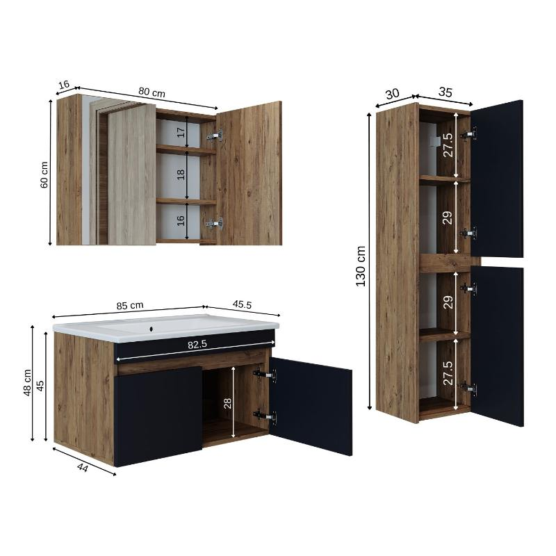 Mobile bagno sospeso lavabo specchio contenitore colonna 85 cm rovere antracite Nerea