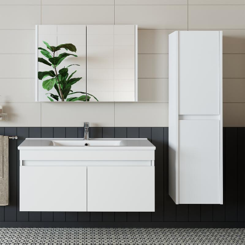 Mobile bagno sospeso lavabo specchio contenitore colonna 100 cm bianco Nerea