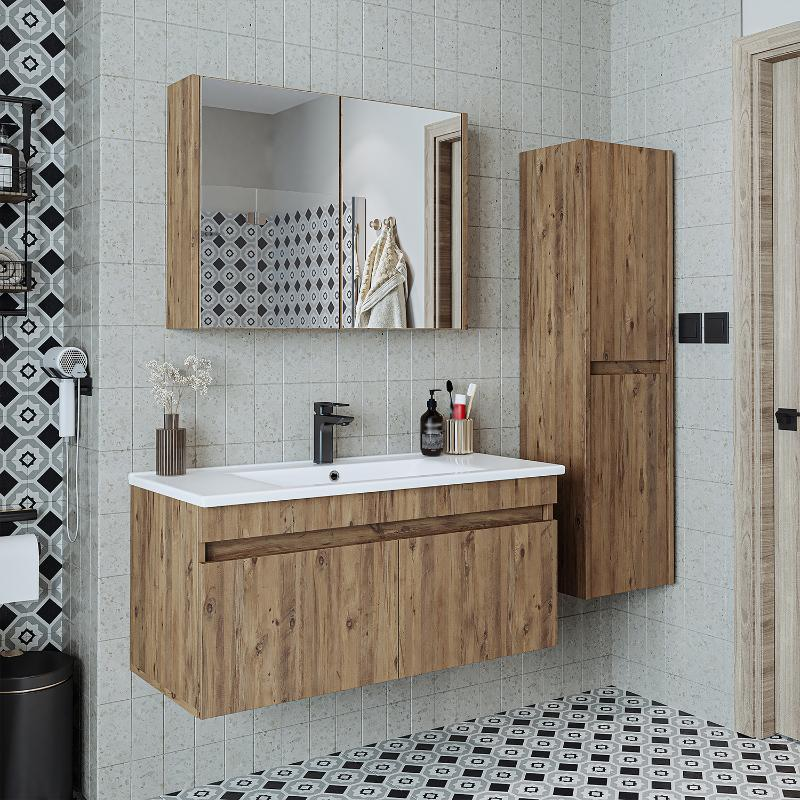 Mobile bagno sospeso lavabo specchio contenitore colonna 100 cm rovere Nerea