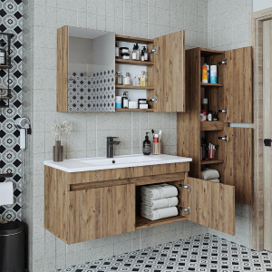 Mobile bagno sospeso lavabo specchio contenitore colonna 100 cm rovere Nerea