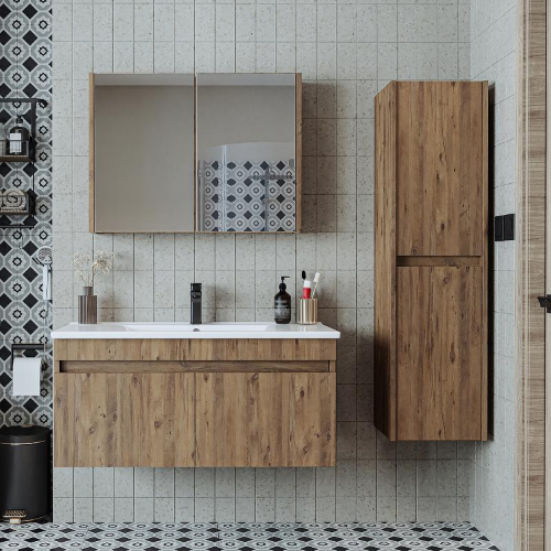 Mobile bagno sospeso lavabo specchio contenitore colonna 100 cm rovere Nerea