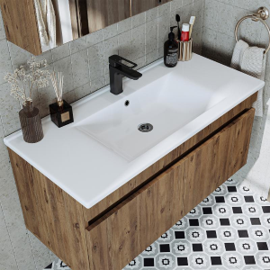 Mobile bagno sospeso lavabo specchio contenitore colonna 100 cm rovere Nerea