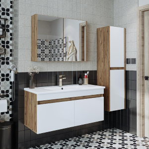 Mobile bagno sospeso lavabo specchio contenitore colonna 100 cm rovere bianco Nerea