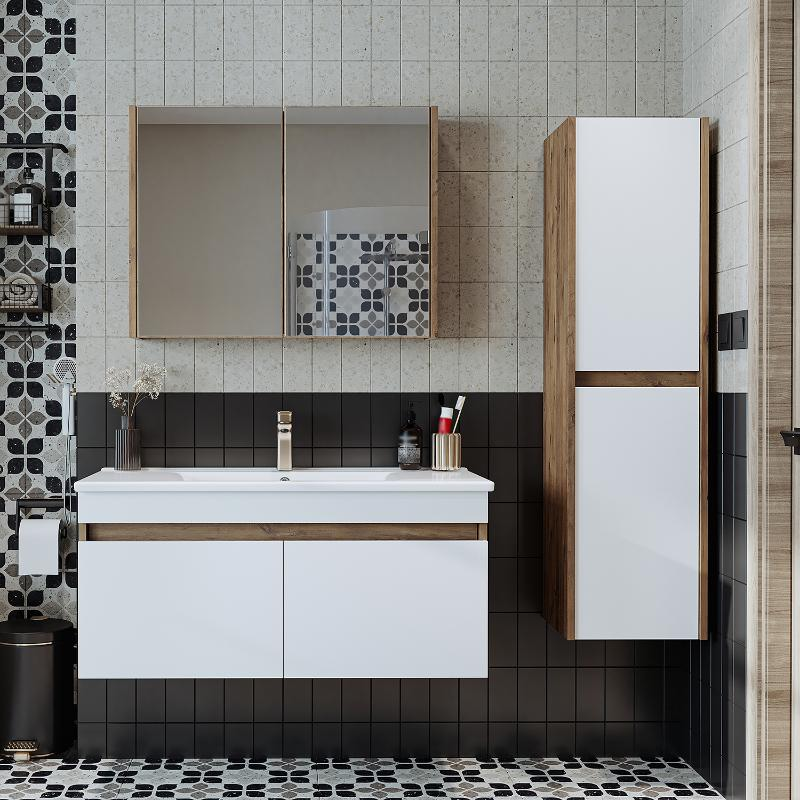Mobile bagno sospeso lavabo specchio contenitore colonna 100 cm rovere bianco Nerea