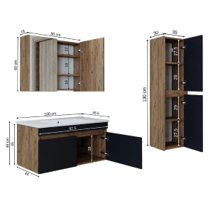 Mobile bagno sospeso lavabo specchio contenitore colonna 100 cm rovere antracite Nerea