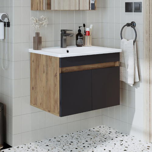 Mobile bagno sospeso lavabo integrato 65 cm rovere antracite Nerea