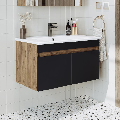 Mobile bagno sospeso lavabo integrato 85 cm rovere antracite Nerea