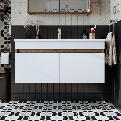 Mobile bagno sospeso lavabo integrato 100 cm rovere bianco Nerea