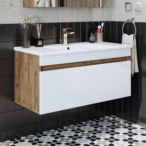 Mobile bagno sospeso lavabo integrato 100 cm rovere bianco Nerea