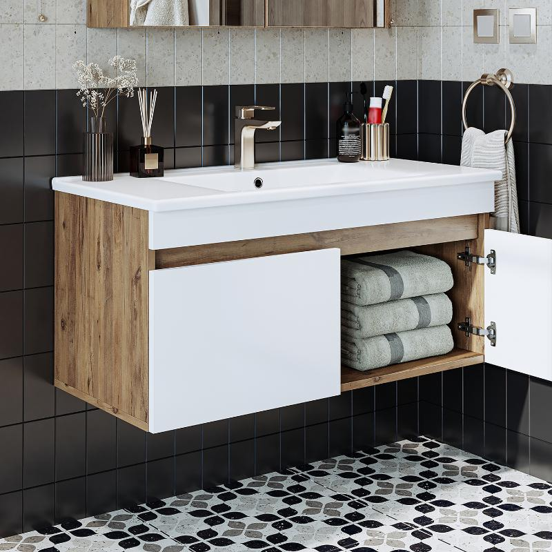 Mobile bagno sospeso lavabo integrato 100 cm rovere bianco Nerea