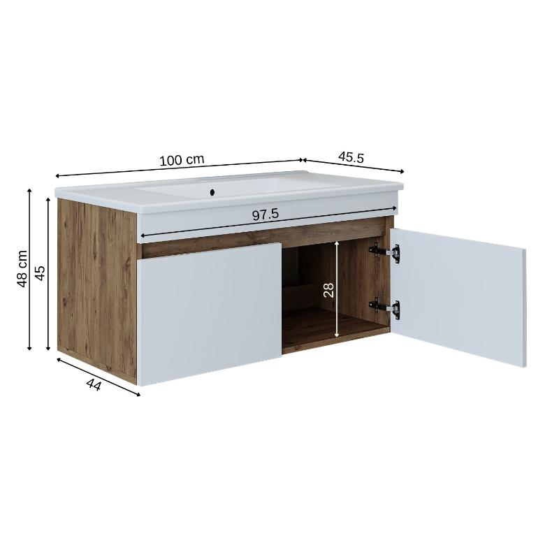 Mobile bagno sospeso lavabo integrato 100 cm rovere bianco Nerea