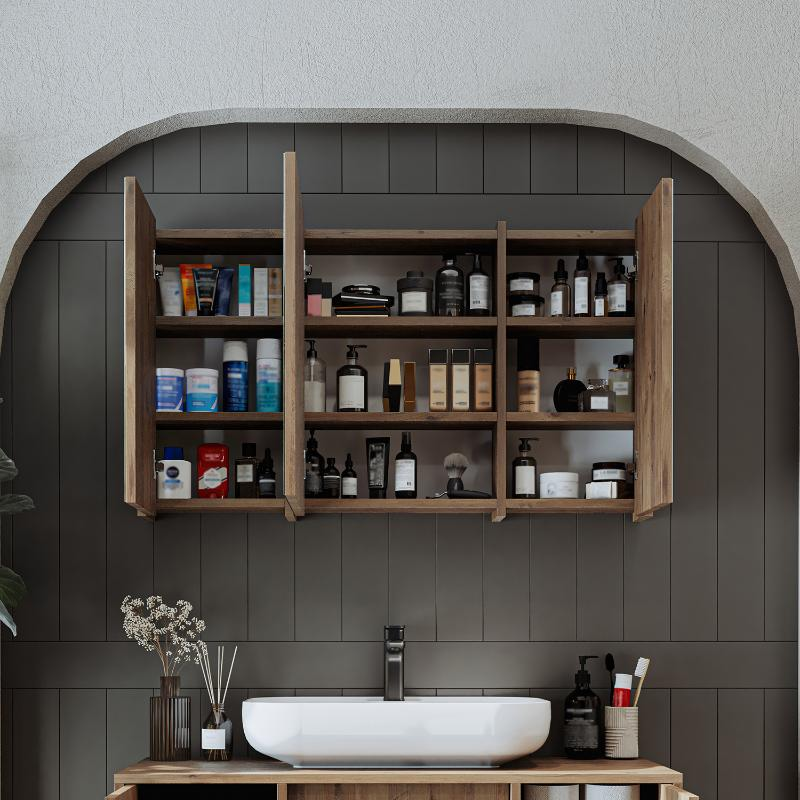 Specchio bagno contenitore 3 ante mensola 105xH60 rovere Lido