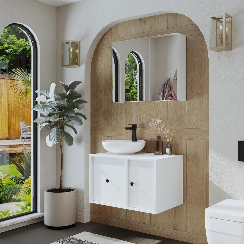 Mobile bagno sospeso lavabo appoggio specchio 75 cm bianco Lido