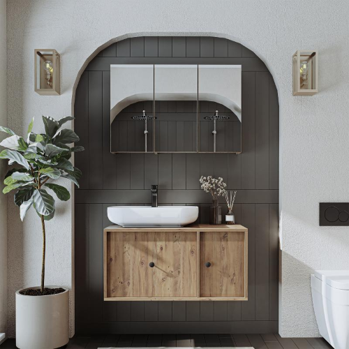 Mobile bagno sospeso lavabo appoggio specchio 90 cm rovere Lido