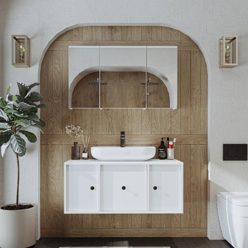 Mobile bagno sospeso lavabo appoggio specchio 105 cm bianco Lido