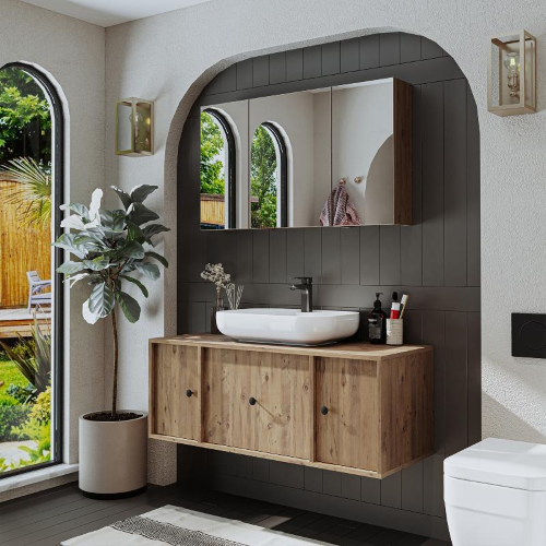 Mobile bagno sospeso lavabo appoggio specchio 120 cm rovere Lido