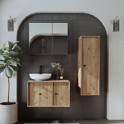 Mobile bagno sospeso lavabo appoggio specchio colonna 75 cm rovere Lido