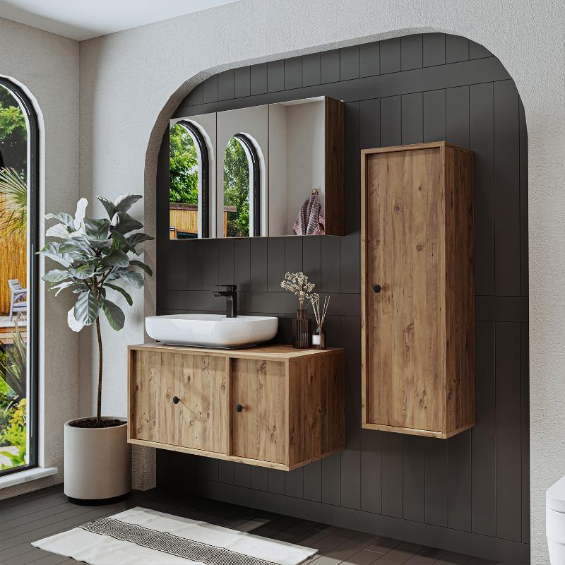 Mobile bagno sospeso lavabo appoggio specchio colonna 90 cm rovere Lido