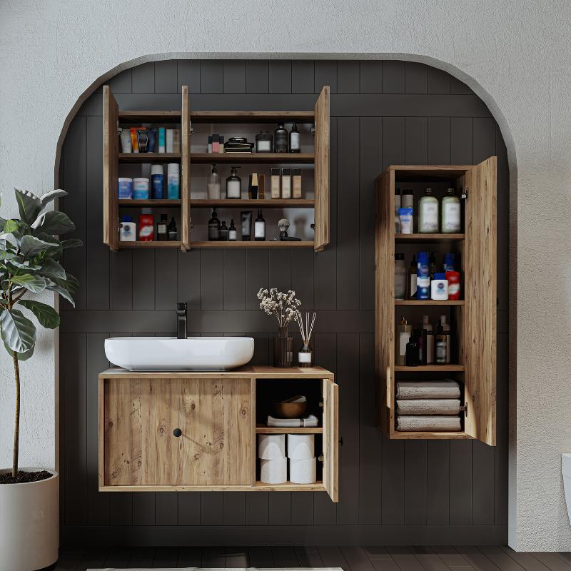Mobile bagno sospeso lavabo appoggio specchio colonna 90 cm rovere Lido