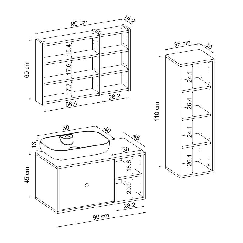 Mobile bagno sospeso lavabo appoggio specchio colonna 90 cm rovere Lido