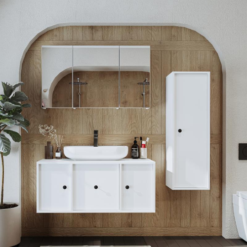 Mobile bagno sospeso lavabo appoggio specchio colonna 105 cm bianco Lido