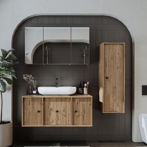 Mobile bagno sospeso lavabo appoggio specchio colonna 105 cm rovere Lido