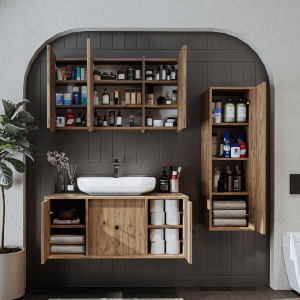 Mobile bagno sospeso lavabo appoggio specchio colonna 105 cm rovere Lido