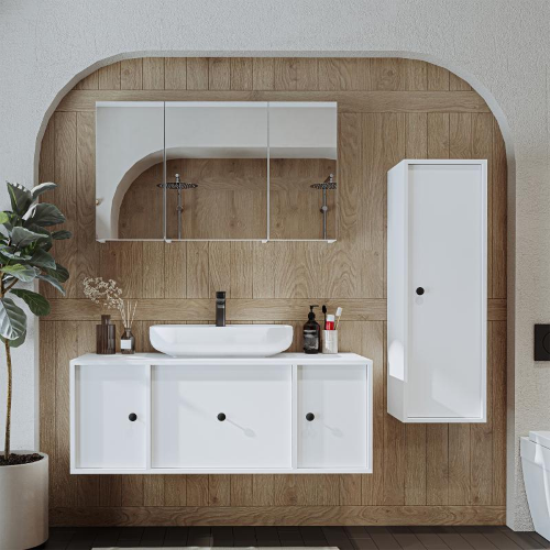 Mobile bagno sospeso lavabo appoggio specchio colonna 120 cm bianco Lido