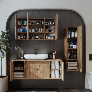 Mobile bagno sospeso lavabo appoggio specchio colonna 120 cm rovere Lido