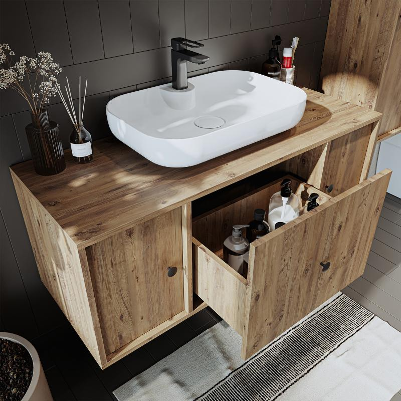 Mobile bagno sospeso lavabo appoggio specchio colonna 120 cm rovere Lido