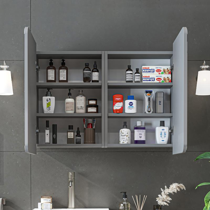 Specchio bagno contenitore 2 ante mensola 90xH60 grigio Levante