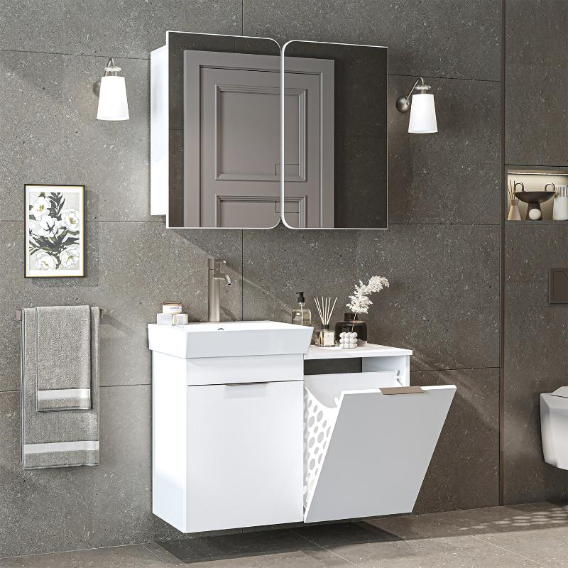 Mobile bagno sospeso lavabo specchio cesto portabiancheria 92 cm bianco Levante