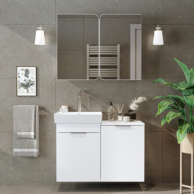 Mobile bagno sospeso lavabo specchio cesto portabiancheria 92 cm bianco Levante