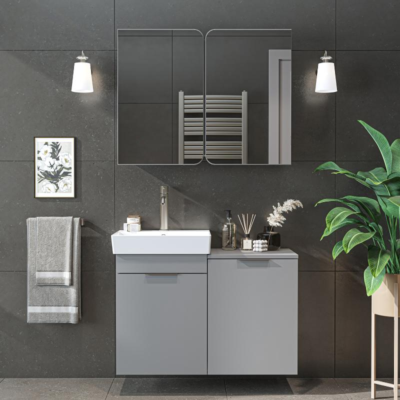 Mobile bagno sospeso lavabo specchio cesto portabiancheria 92 cm grigio Levante
