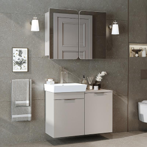 Mobile bagno sospeso lavabo specchio cesto portabiancheria 92 cm tortora Levante
