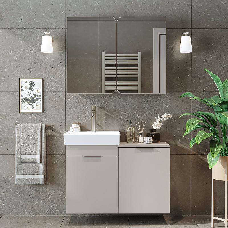 Mobile bagno sospeso lavabo specchio cesto portabiancheria 92 cm tortora Levante