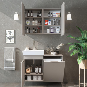 Mobile bagno sospeso lavabo specchio cesto portabiancheria 92 cm tortora Levante