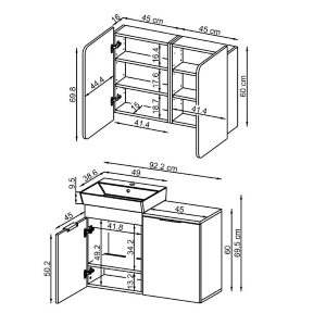 Mobile bagno sospeso lavabo specchio cesto portabiancheria 92 cm tortora Levante