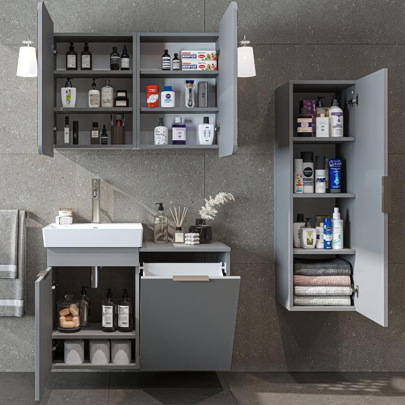Mobile bagno sospeso lavabo cesto portabiancheria colonna 127 cm grigio Levante