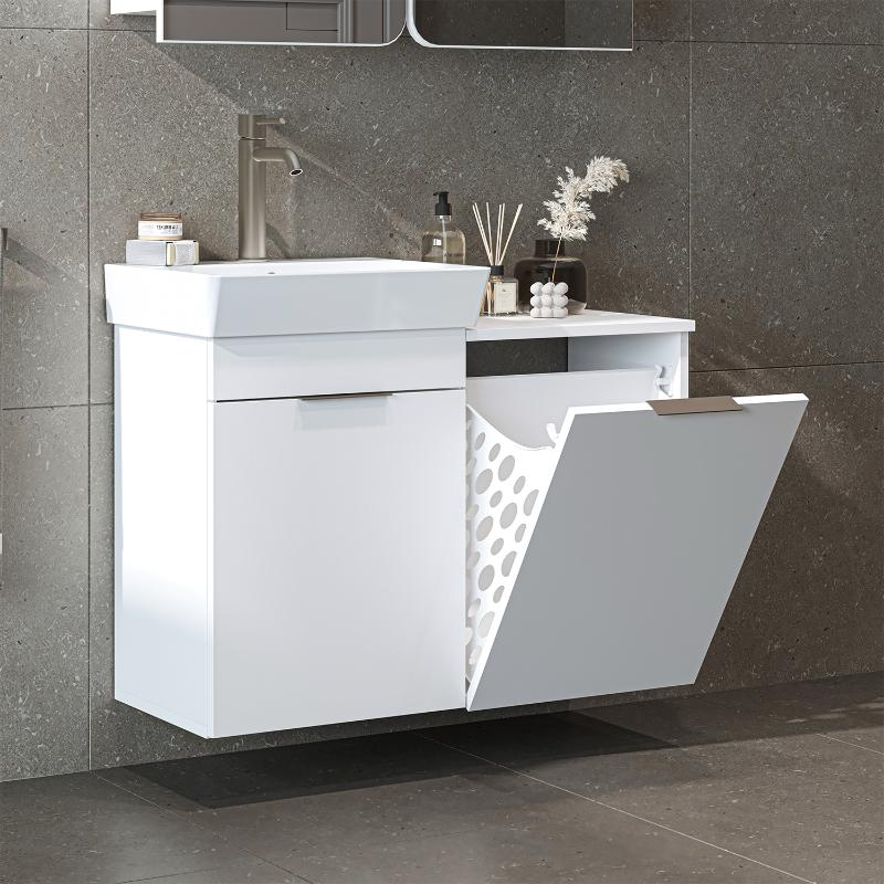 Mobile bagno sospeso lavabo cesto portabiancheria 92 cm bianco Levante
