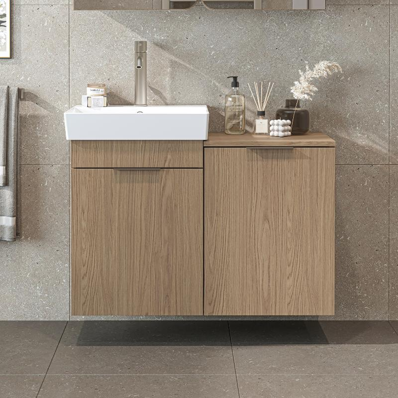 Mobile bagno sospeso lavabo cesto portabiancheria 92 cm rovere Levante