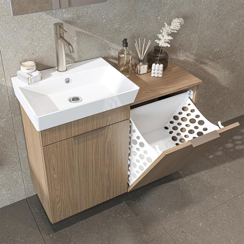 Mobile bagno sospeso lavabo cesto portabiancheria 92 cm rovere Levante