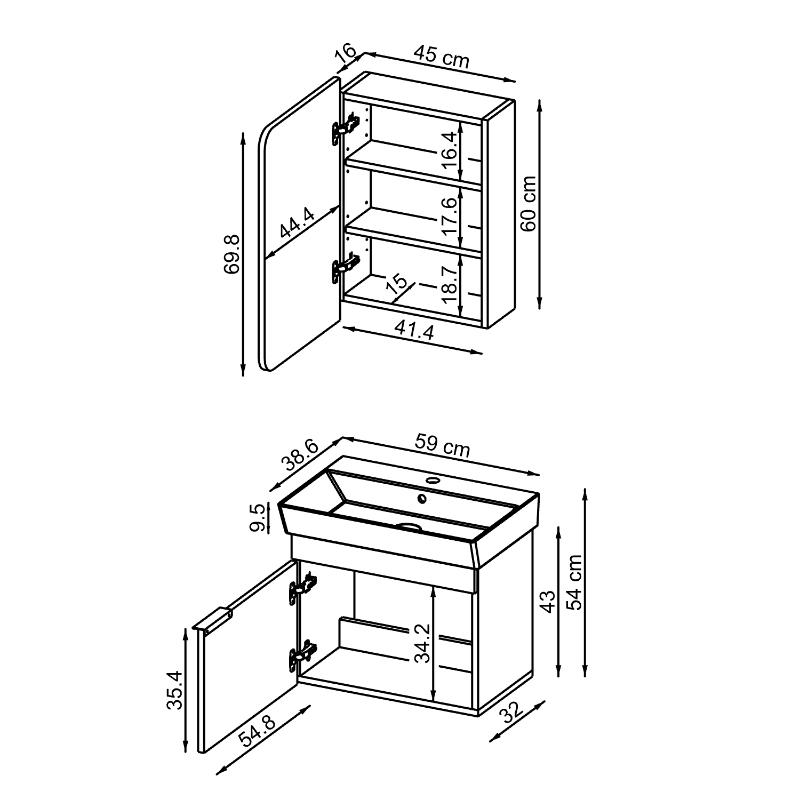 Mobile bagno sospeso lavabo specchio 60 cm tortora Mistral