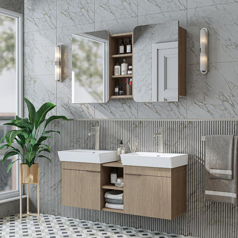 Mobile bagno sospeso doppio lavabo specchio 120 cm rovere Mistral