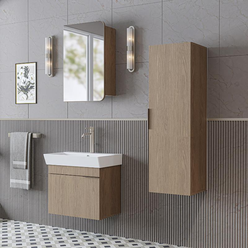Mobile bagno sospeso lavabo specchio colonna 60 cm rovere Mistral