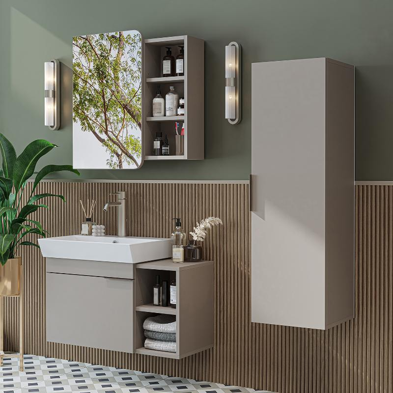 Mobile bagno sospeso lavabo specchio colonna 82 cm tortora Mistral