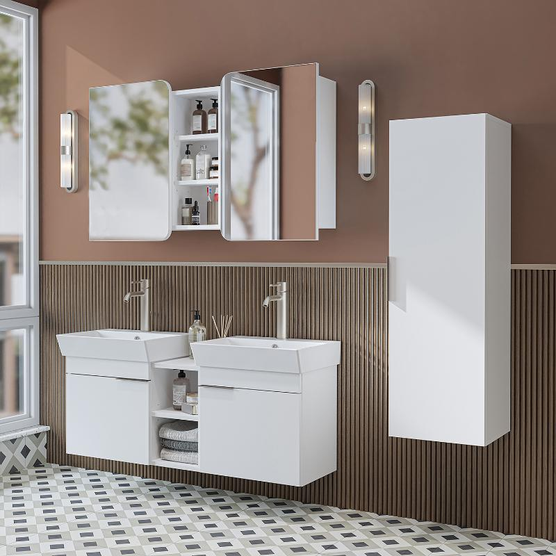 Mobile bagno sospeso doppio lavabo specchio colonna 120 cm bianco Mistral